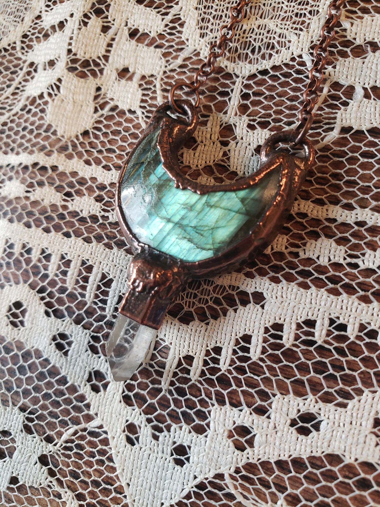 Labradorite Moon with Quartz Point Pendant