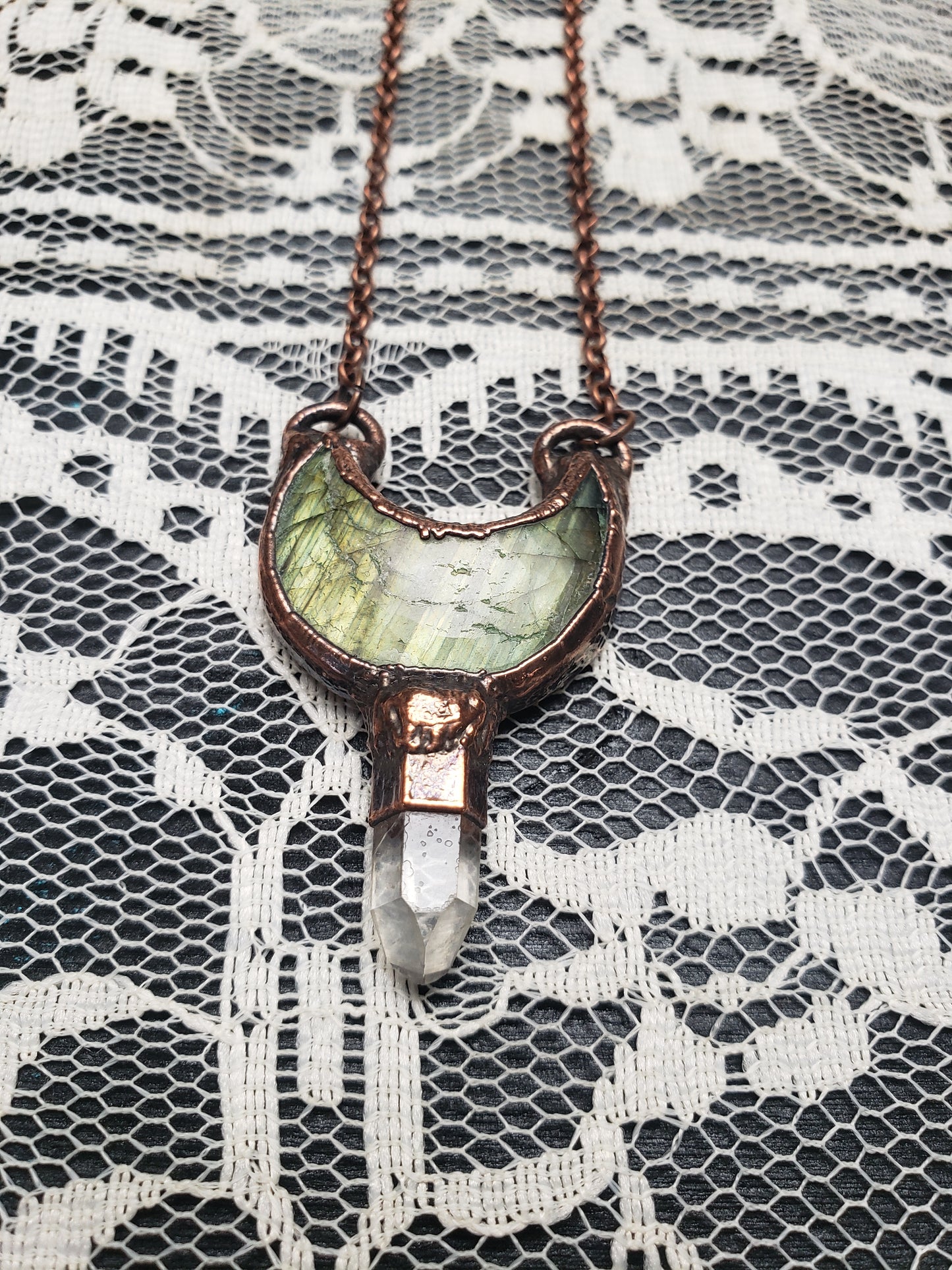 Labradorite Moon with Quartz Point Pendant