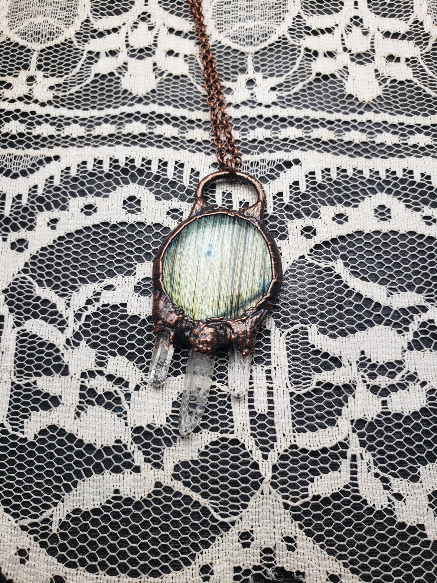 Silvery Labradorite, Triple Quartz Point Pendant