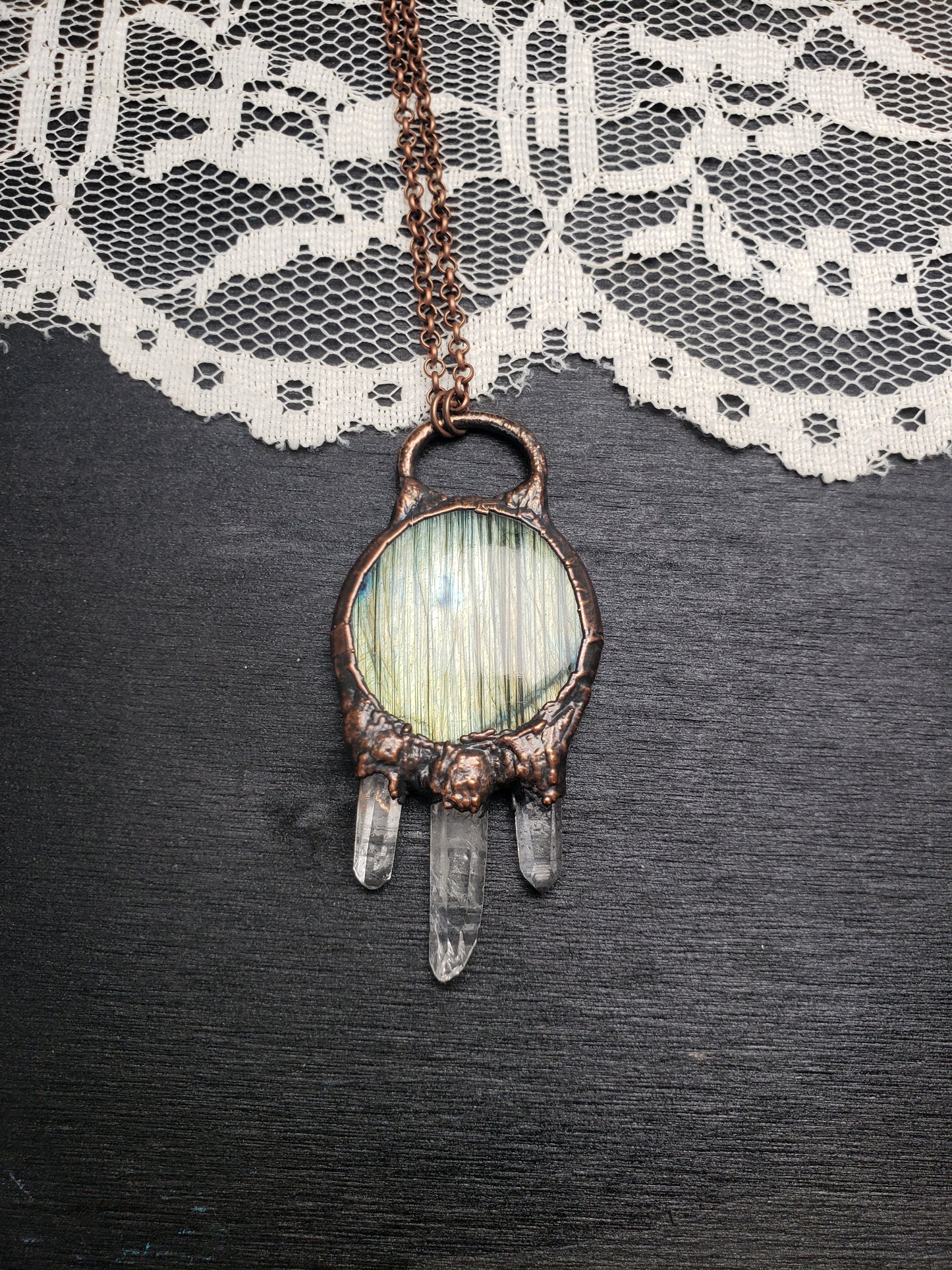 Silvery Labradorite, Triple Quartz Point Pendant