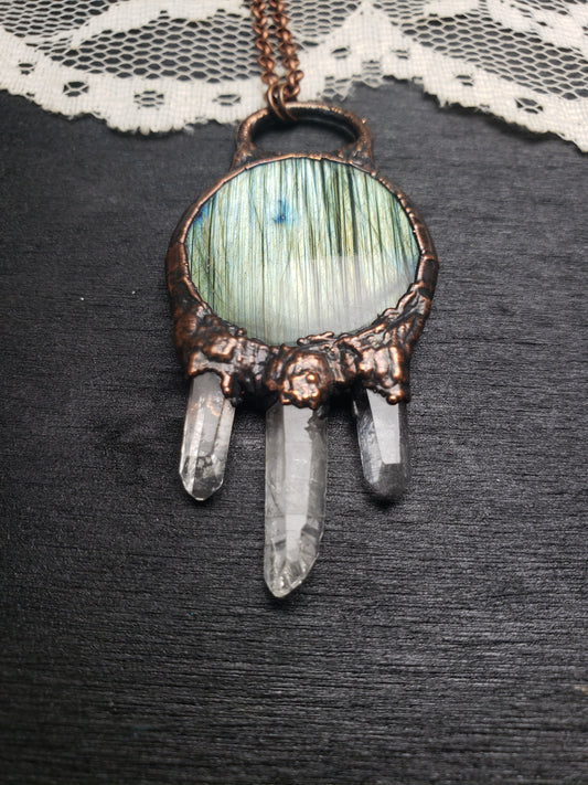 Silvery Labradorite, Triple Quartz Point Pendant