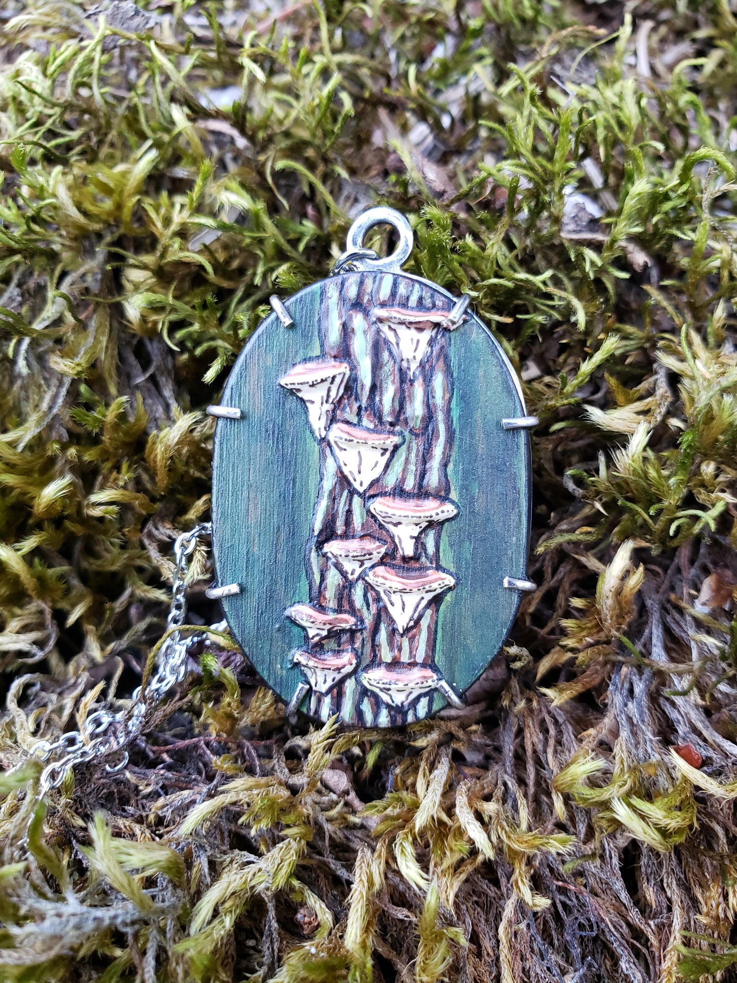 Tiny Painting Pendant, Bracket Fungus on Tree Bark