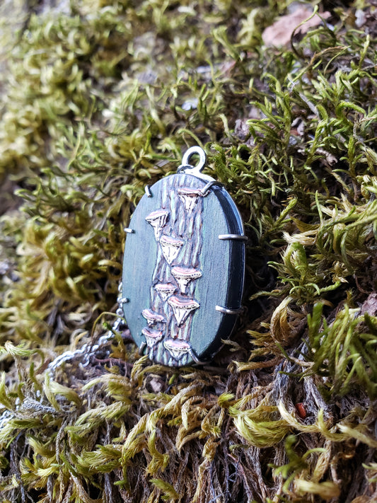 Tiny Painting Pendant, Bracket Fungus on Tree Bark