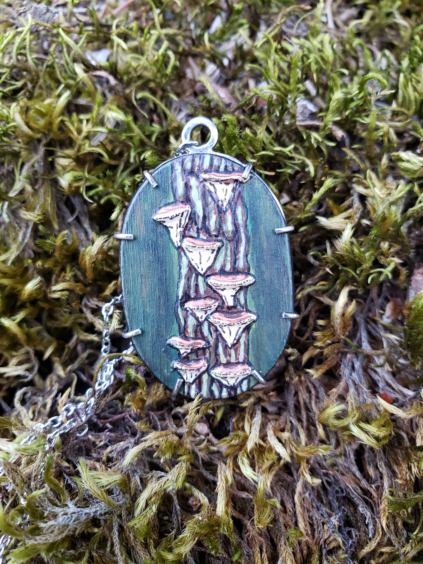 Tiny Painting Pendant, Bracket Fungus on Tree Bark