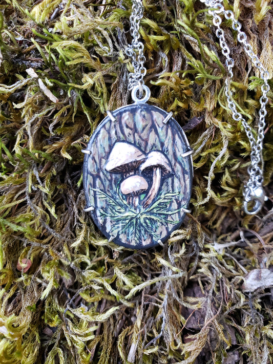 Tiny Painting Pendant, Honey Mushrooms on Tree bark