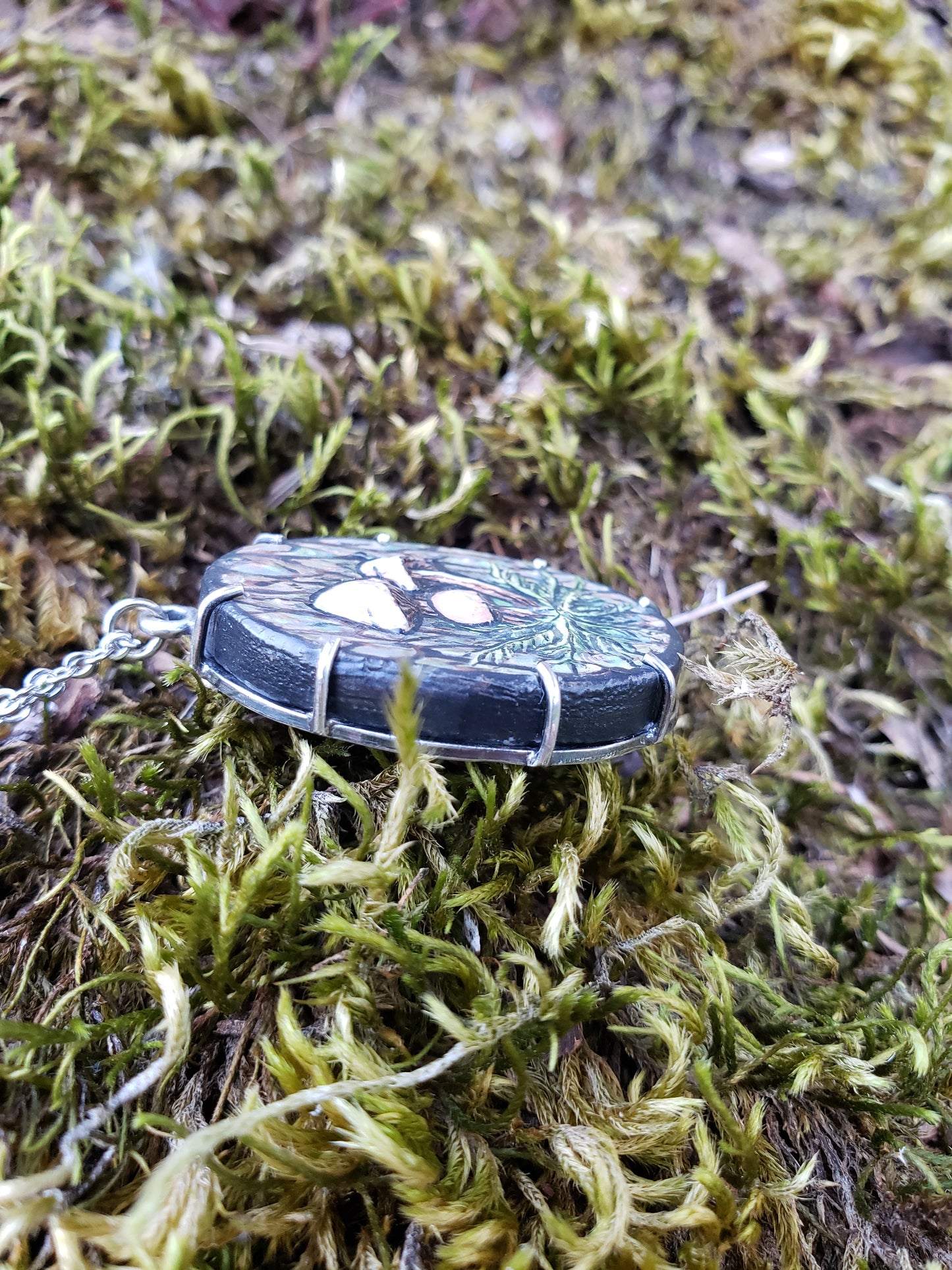 Tiny Painting Pendant, Honey Mushrooms on Tree bark