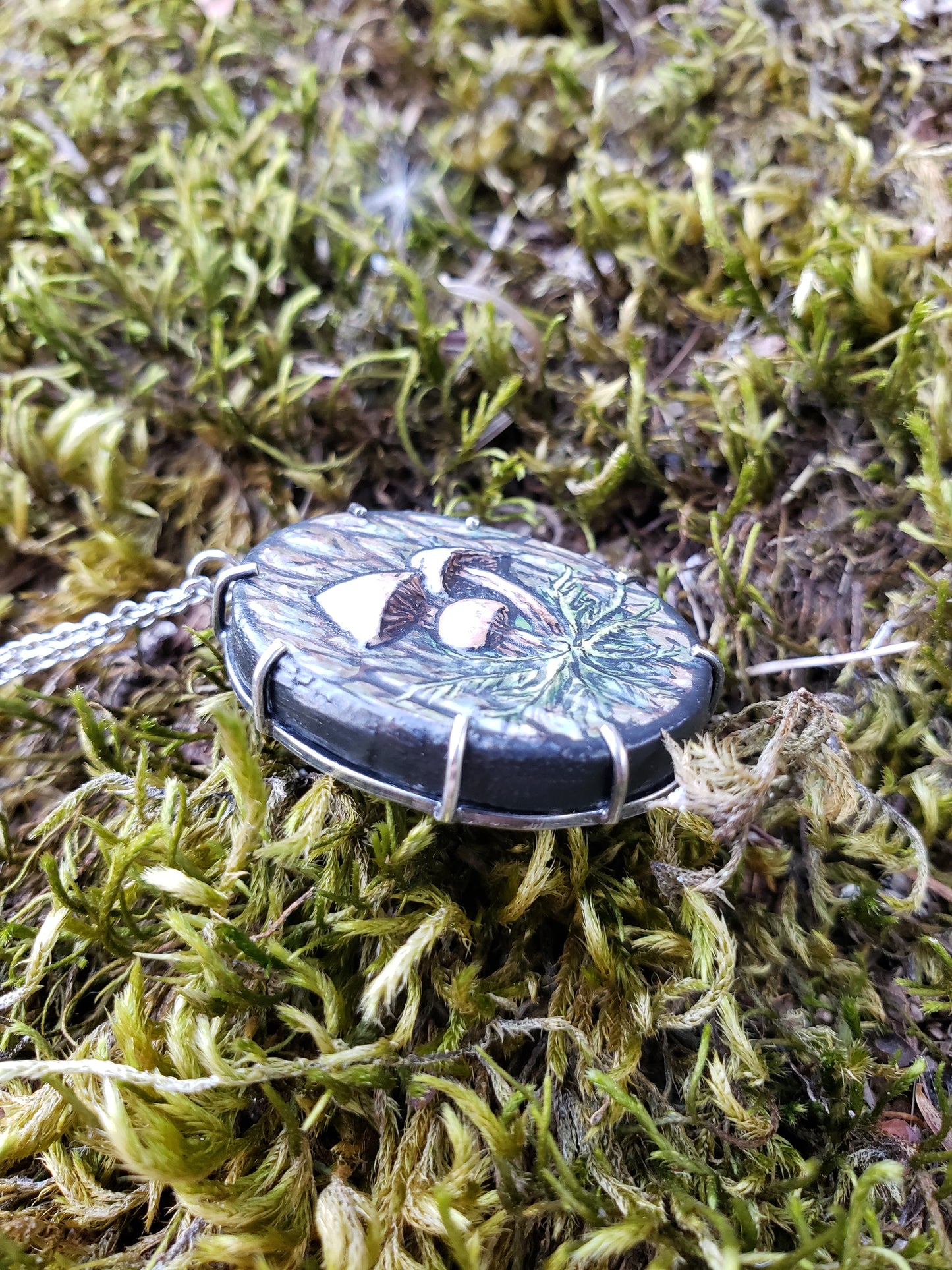 Tiny Painting Pendant, Honey Mushrooms on Tree bark