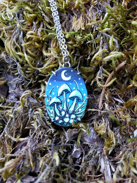 Tiny Painting Pendant, Moonlit Mushrooms