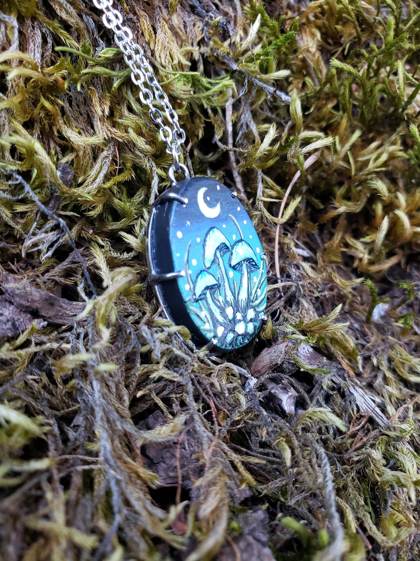 Tiny Painting Pendant, Moonlit Mushrooms