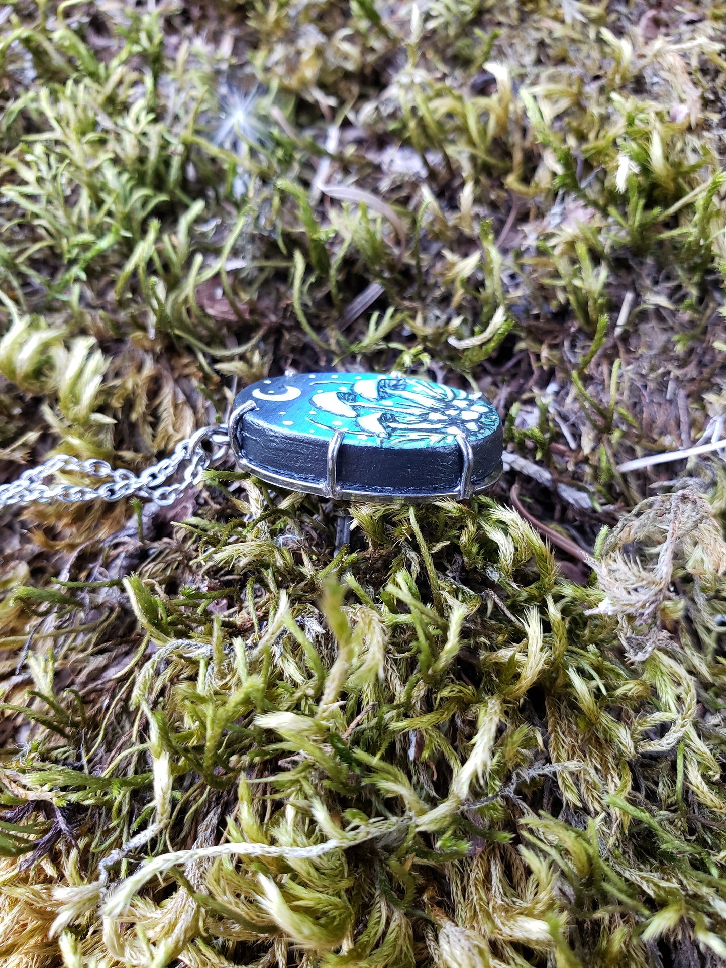 Tiny Painting Pendant, Moonlit Mushrooms