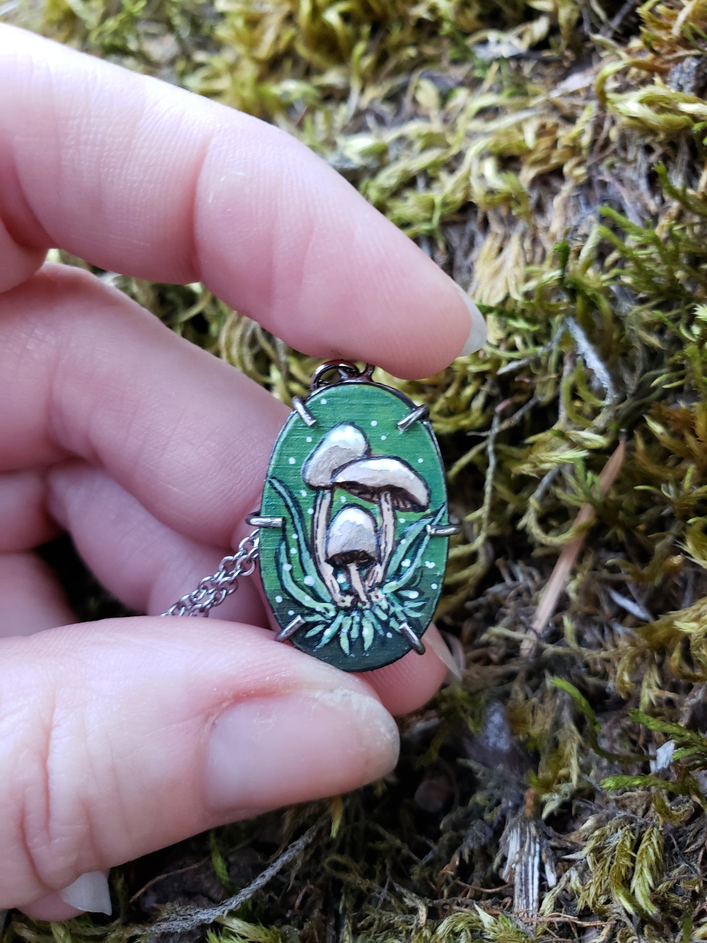 Tiny Painting Pendant, Honey Mushrooms in Moss