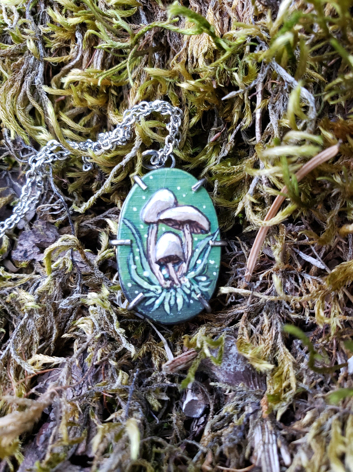 Tiny Painting Pendant, Honey Mushrooms in Moss